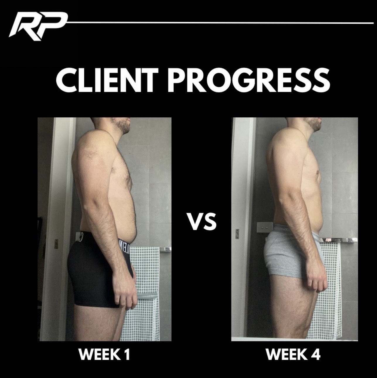 Client progress: Week 1 vs Week 4 side view — visible fat loss and body recomposition