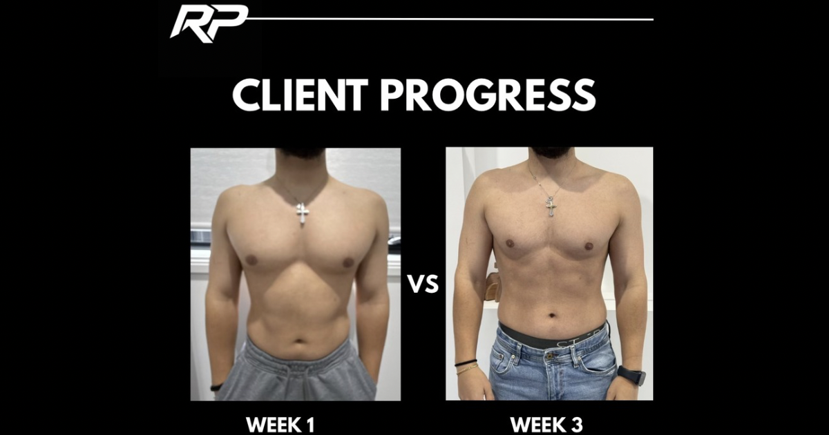Client progress: Week 1 vs Week 3 front view — muscle development and improved physique